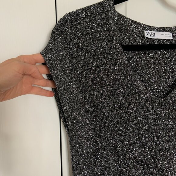 Women's Zara Knit Midi Metallic Black Silver V-Neck Dress Fringe Bottom Size S - Picture 14 of 14